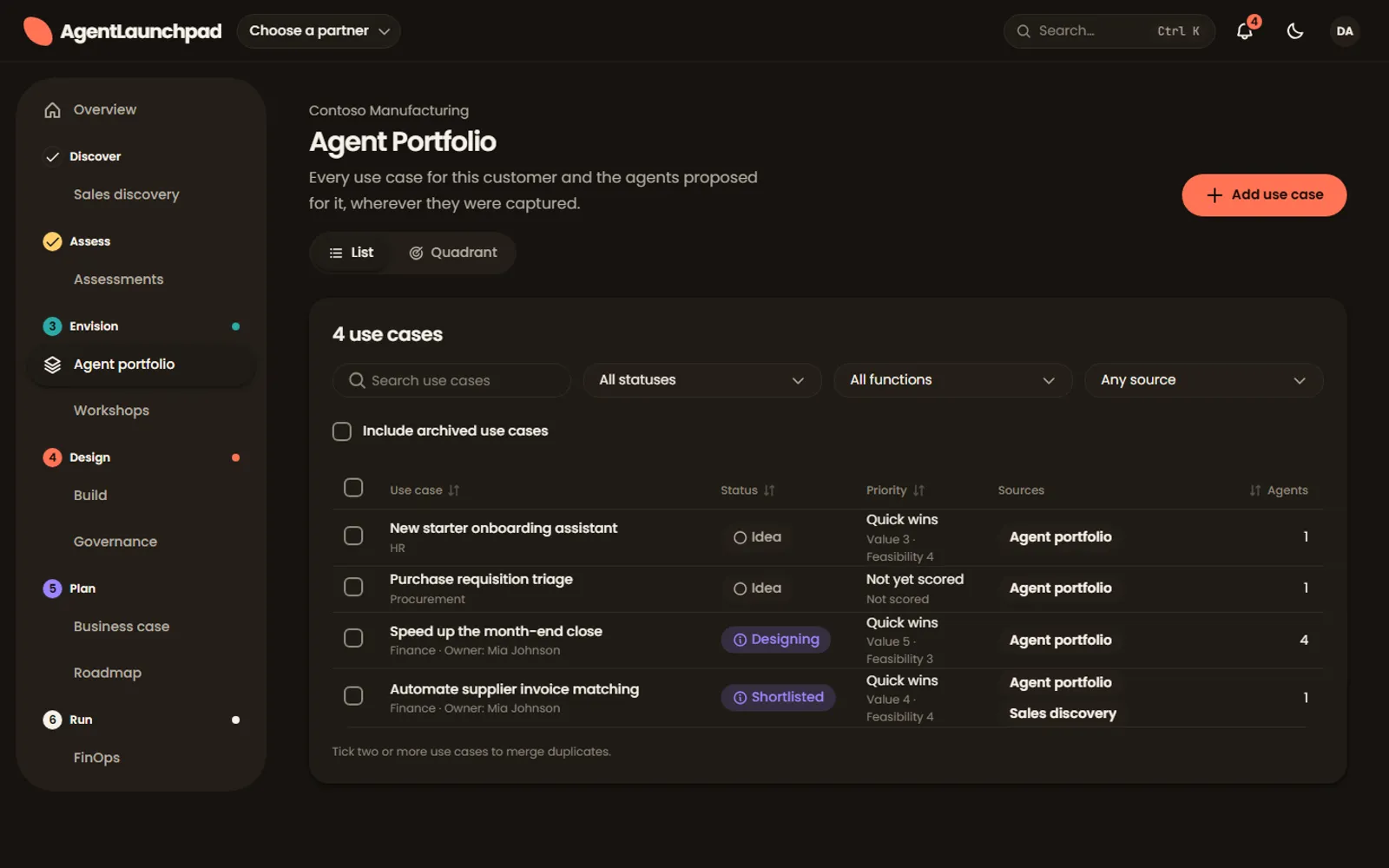 The agent portfolio for a demo customer: use cases and the agents proposed for them.