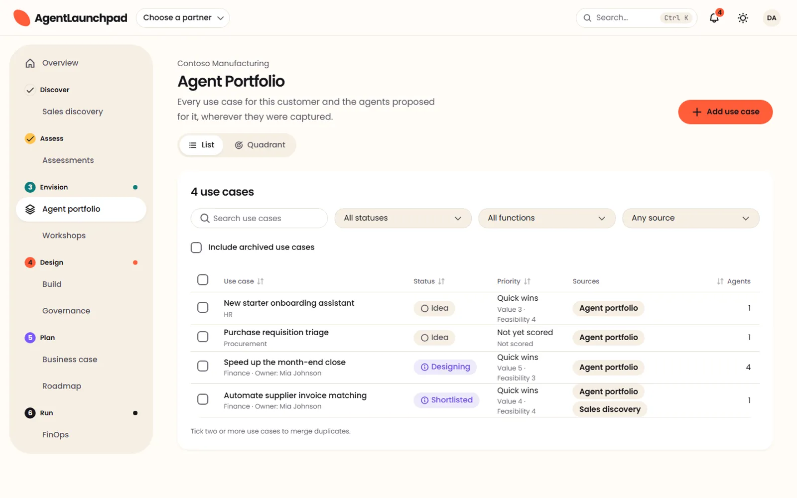The agent portfolio for a demo customer: use cases and the agents proposed for them.