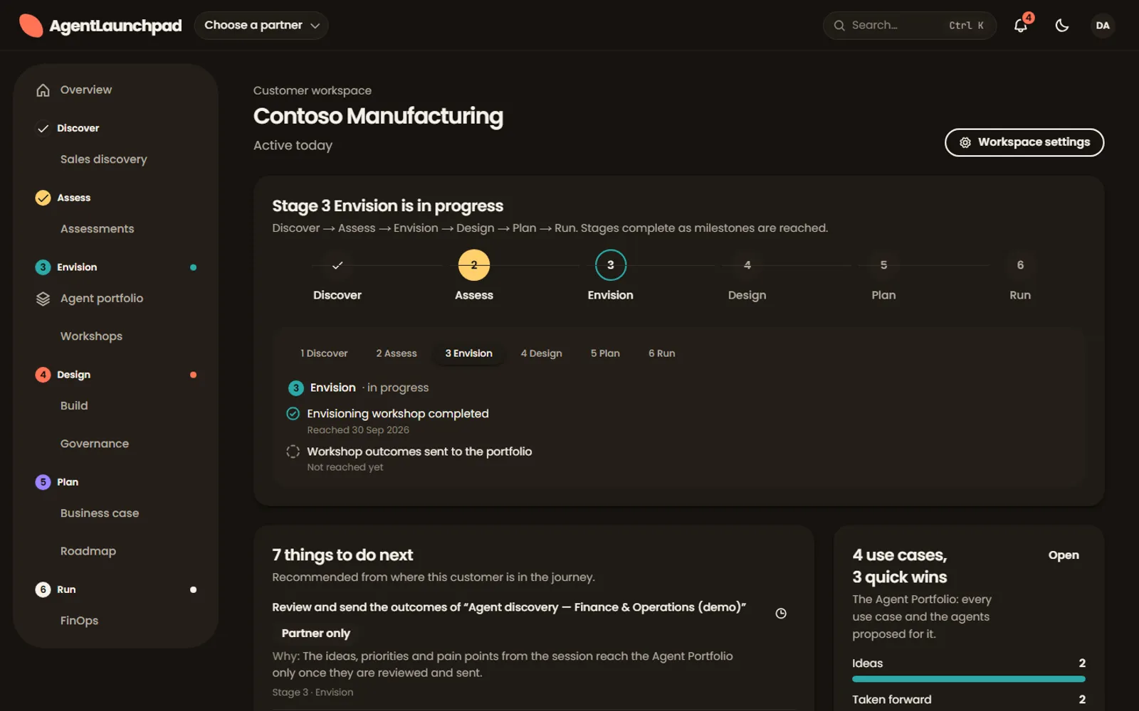 A demo customer’s journey home in AgentLaunchpad: stage, next best action and recent activity.