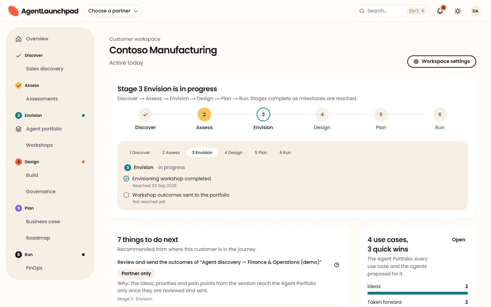 A demo customer’s journey home in AgentLaunchpad: stage, next best action and recent activity.